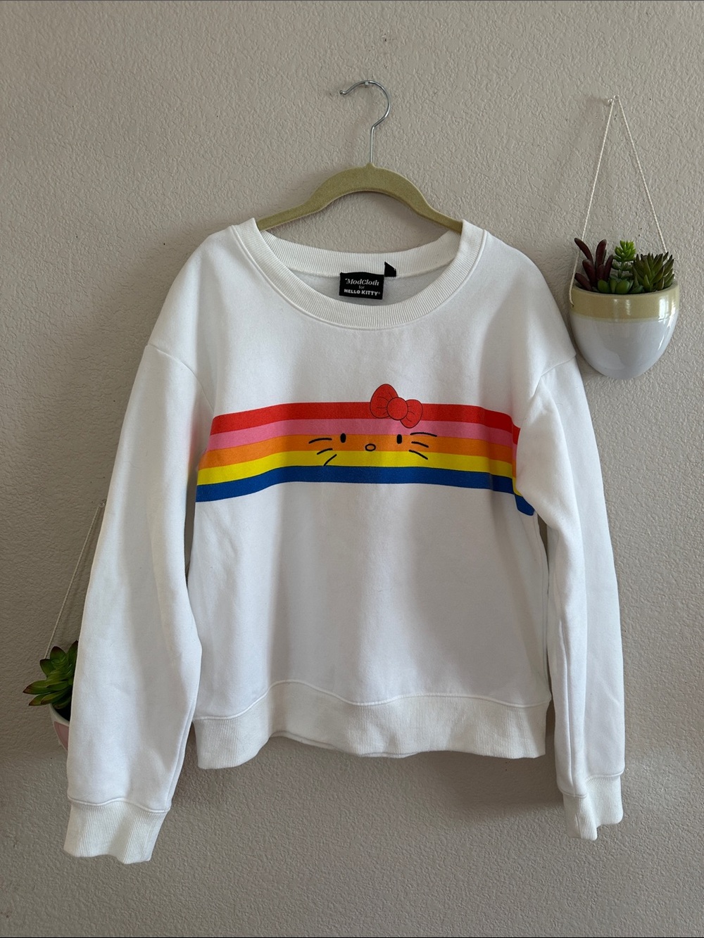 ModCloth for Hello Kitty White Sweatshirt Rainbow Striped Crew Sweater Large